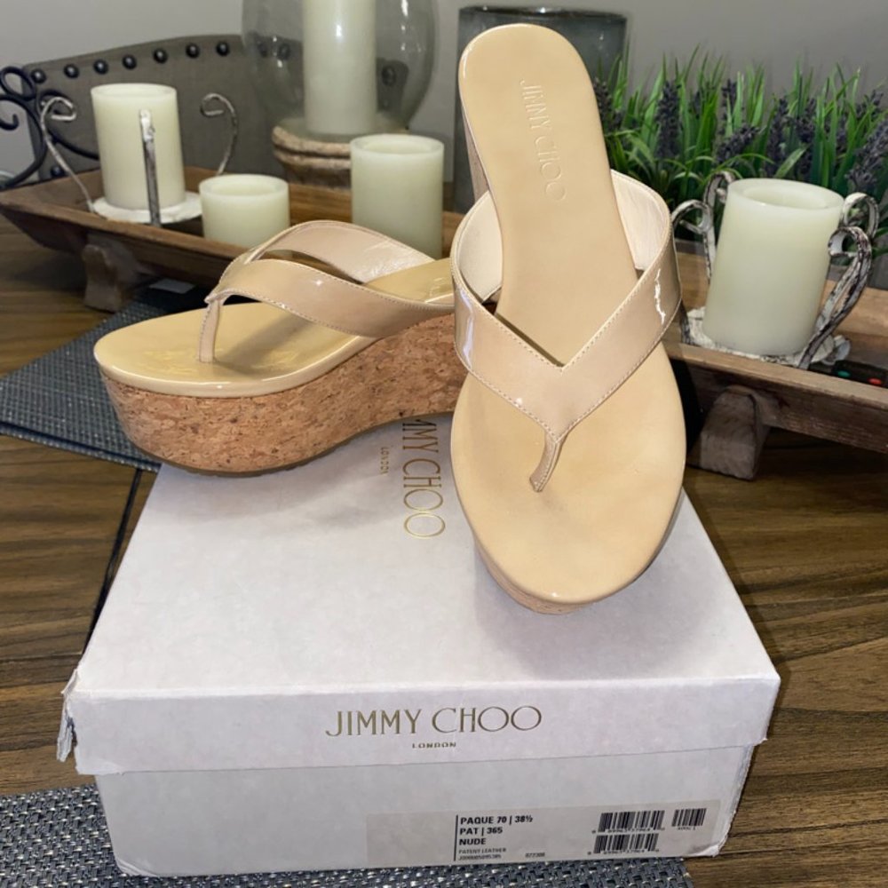 Jimmy Choo Paque 70 Patent Leather Cork Wedge in Nude - Excellent Condition